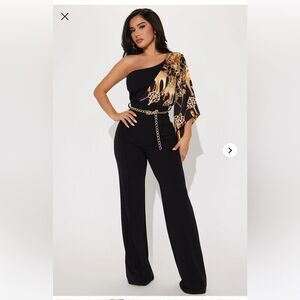 NWT - Fashion Nova Vivian One-Shoulder Jumpsuit - Black/combo - Size 2